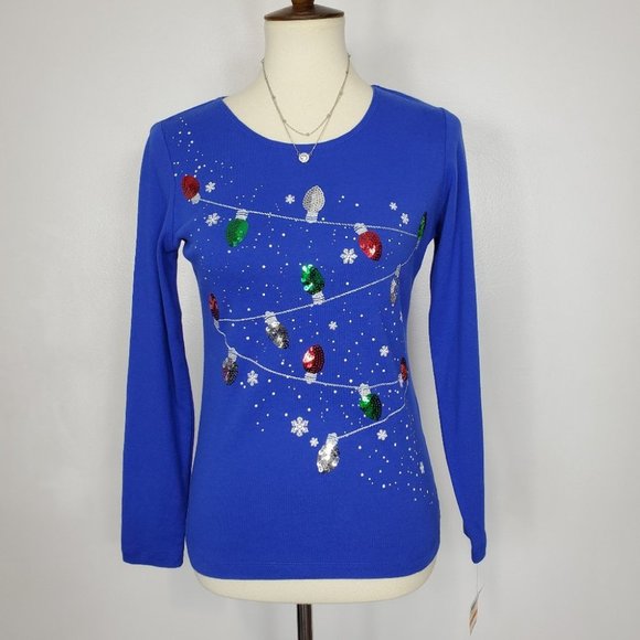 Karen Scott Fun Christmas Holiday Knit Top With Christmas Lights NWT Size SP - Picture 1 of 9